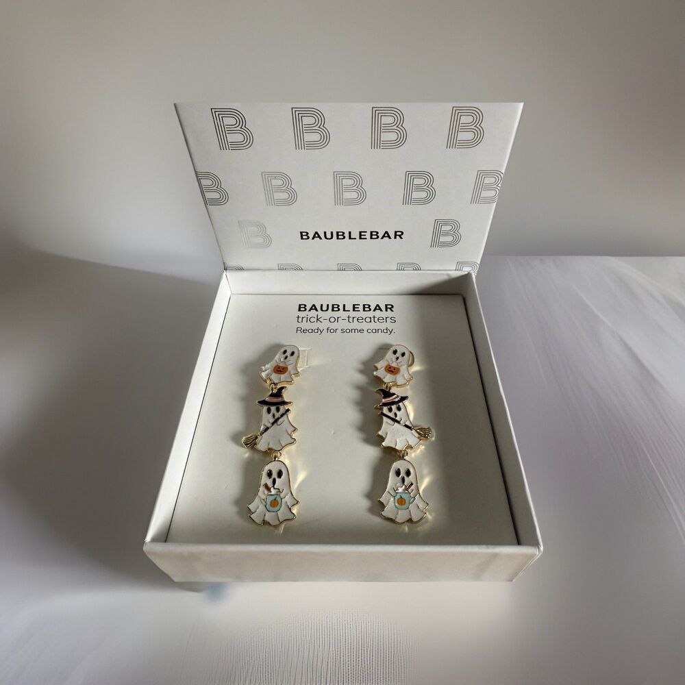 BaubleBar Trick Or Treaters 3 Ghosts Dangle Earrings Halloween Witch Pumpkin New